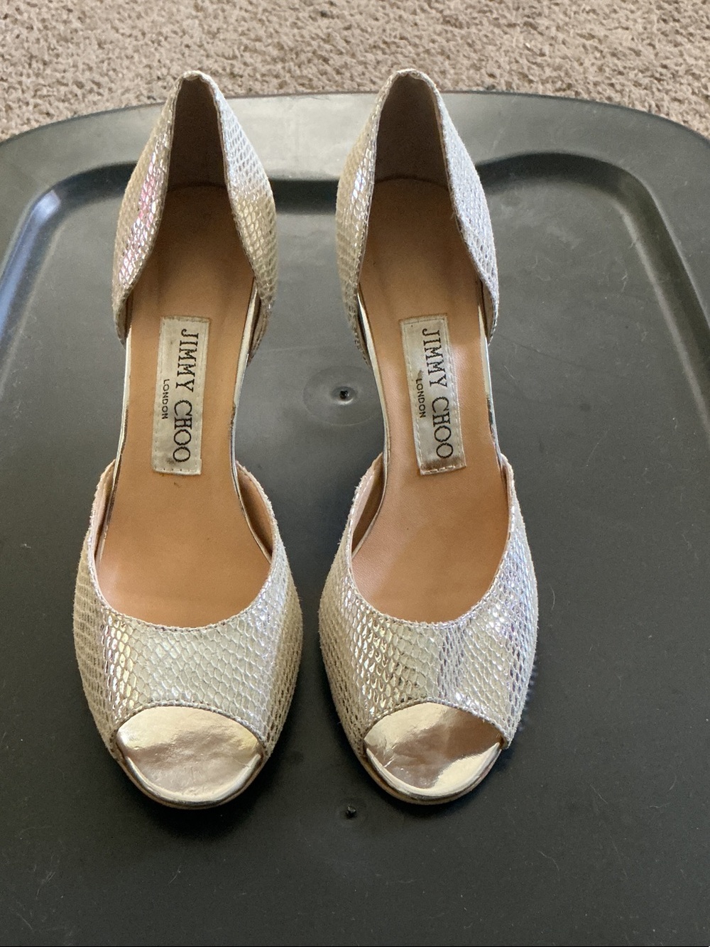 Jimmy Choo Metallic Silver Snakeskin Peep-Toe Heels